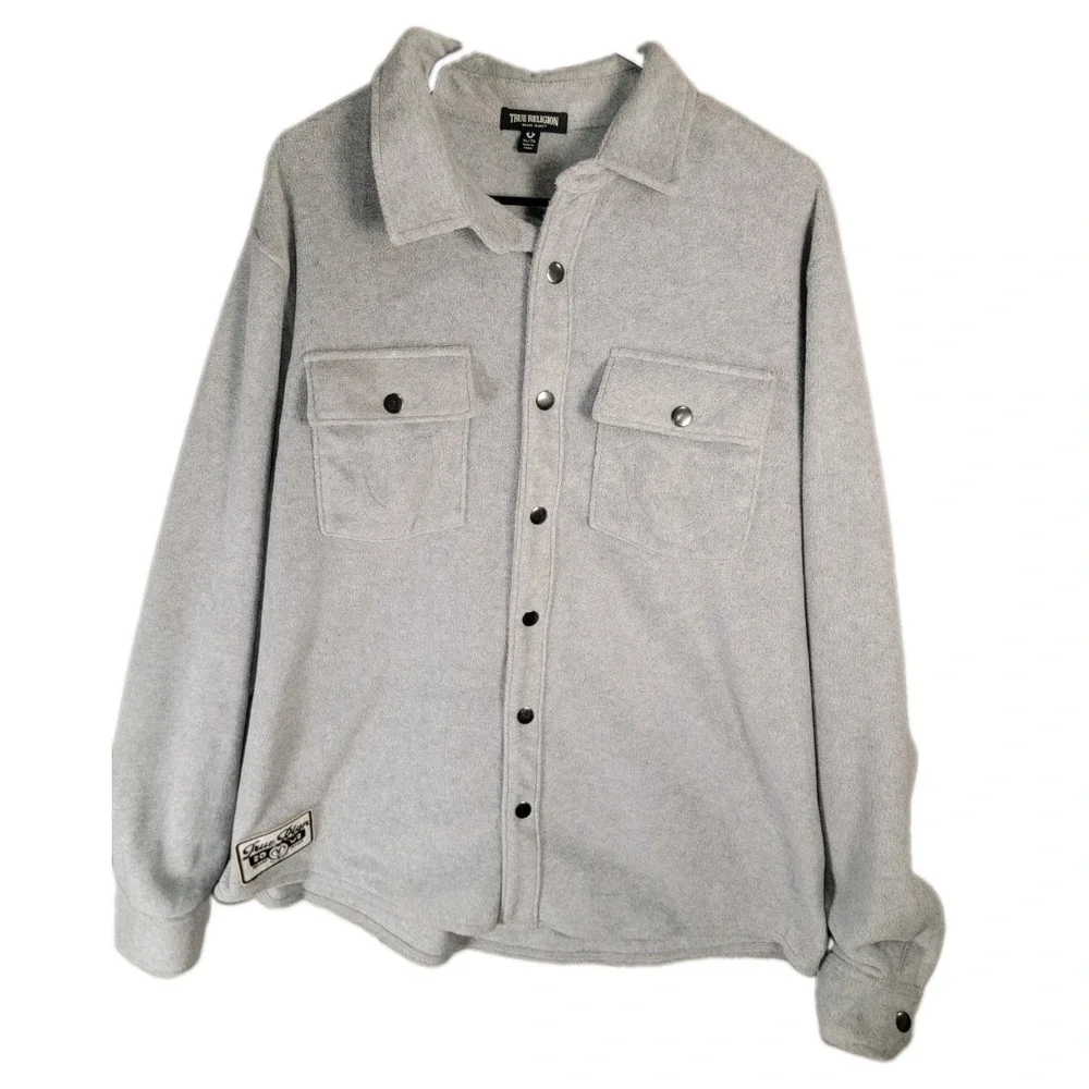 True Religion Mens XL Gray Fleece Shacket Overshirt Snap Front Horseshoe Pocket
